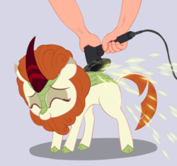 Size: 640x600 | Tagged: safe, artist:szafir87, artist:t72b, autumn blaze, human, kirin, sounds of silence, angle grinder, animated, arched back, awwtumn blaze, back scratching, behaving like a cat, bonding, buffer, cloven hooves, colored hooves, cute, daaaaaaaaaaaw, disembodied hand, everything went better than expected, eyes closed, eyeshadow, female, floating heart, gif, gray background, grinder, hand, happy, heart, hnnng, horn, kirinbetes, leonine tail, makeup, mare, massage, offscreen character, petting, power tools, scales, scratching, silly, simple background, smiling, solo focus, sparks, standing, sweet dreams fuel, szafir87 is trying to murder us, tail wag, three quarter view, weapons-grade cute