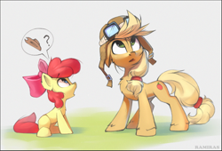 Size: 1280x868 | Tagged: safe, artist:ramiras, apple bloom, applejack, earth pony, pony, how applejack got her hat back, my little pony: pony life, spoiler:pony life s01e04, applejack's hat, aviator hat, blue eyes, cowboy hat, duo, female, filly, g4.5 to g4, hat, mare, pictogram, pilotjack, question mark, siblings, sisters, speech bubble, wrong eye color