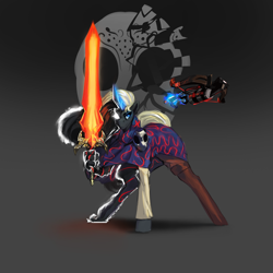 Size: 3000x3000 | Tagged: safe, artist:nsilverdraws, oc, oc only, oc:vuren sundown, horse, unicorn, boots, cloak, clothes, coat markings, crossbow, eldritch horror, female, glowing eyes, glowing horn, greatsword, hand, horn, levitation, magic, magic sword, mare, mask, older, shoes, simple background, solo, sundown clan, sword, telekinesis, weapon