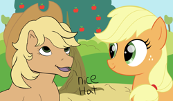 Size: 960x560 | Tagged: safe, artist:trash anon, applejack, applejack (g1), earth pony, pony, g1, my little pony 'n friends, 35th anniversary, accessory swap, apple, apple tree, applejack's hat, cowboy hat, dialogue, eyes on the prize, food, g1 to g4, generation leap, generational ponidox, hat, looking at each other, looking up, open mouth, smiling, talking, tree