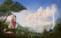 Size: 1980x1238 | Tagged: safe, artist:moe, angel bunny, fluttershy, pegasus, pony, cloudsdale, duo, female, grass, looking away, mare, painting, scenery, scenery porn, sitting