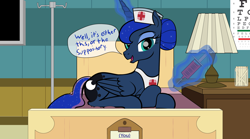 Size: 1948x1080 | Tagged: safe, artist:trash anon, princess luna, alicorn, pony, alternate hairstyle, bed, eye chart, female, glowing horn, hair bun, hospital, lamp, looking at you, magic, mare, needle, nightstand, nurse, nurse luna, open mouth, smiling, speech, syringe, talking to viewer, telekinesis, tongue depressor