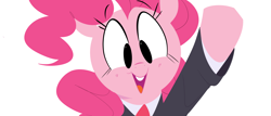 Size: 4096x1750 | Tagged: safe, artist:hattsy, pinkie pie, earth pony, pony, clothes, female, judge, looking down, mare, open mouth, raised arm, simple background, smiling, solo, waving, white background