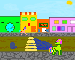 Size: 400x320 | Tagged: safe, artist:kujivunia, edit, pony, bridge, pavement, pixel art, puddles, sun, town