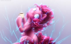 Size: 1280x800 | Tagged: safe, artist:jadekettu, pinkie pie, earth pony, pony, caffeine, coffee, creepy, creepy smile, detailed, doomsday, electricity, female, gradient background, gray background, holy shit, holy shit quotient, hoof hold, hypercaffinated, lightning, looking at you, looking back, mare, mug, oh god, oh god no, pinkie found the coffee, powering up, shrunken pupils, simple background, sitting, smiling, solo, steam, this will not end well, underhoof, we're all doomed, well shit, wide eyes, xk-class end-of-the-world scenario