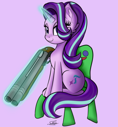 Size: 2000x2160 | Tagged: safe, artist:sadtrooper, starlight glimmer, pony, unicorn, animal crossing, chair, cute, doom, female, glowing horn, gun, hair over one eye, horn, looking at you, magic, mare, shotgun, sitting, smiling, solo, solo safe, super shotgun, telekinesis, weapon