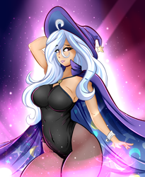 Size: 1150x1400 | Tagged: safe, artist:madacon, trixie, human, breasts, cape, clothes, curvy, eye clipping through hair, female, hat, humanized, leotard, looking at you, magician outfit, sexy, solo, stupid sexy trixie, thick, titsie, trixie's cape