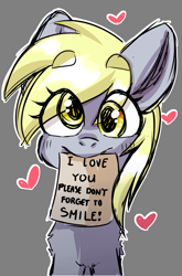 Size: 1000x1512 | Tagged: safe, artist:cottonsweets, derpy hooves, ditzy doo, pegasus, pony, blushing, bronybait, chest fluff, cross-eyed, cute, derp, derpabetes, eye clipping through hair, female, halfbody, heart, i love you, looking at you, mare, mouth hold, note, outline, positive ponies, simple background, smiling, smiling at you, solo