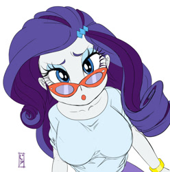 Size: 700x706 | Tagged: safe, artist:pia-sama, rarity, equestria girls, :o, bracelet, breasts, collarbone, female, glasses, glasses rarity, jewelry, looking at you, raritits, rarity's glasses, solo