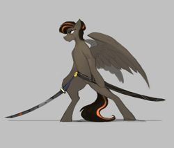 Size: 2240x1920 | Tagged: safe, alternate version, artist:nsilverdraws, oc, oc only, oc:aegis sundown, pegasus, pony, backstory in description, father, green eyes, japanese, katana, male, scabbard, simple background, solo, sundown clan, sword, weapon