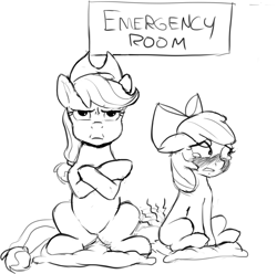 Size: 1320x1309 | Tagged: safe, artist:crade, apple bloom, applejack, earth pony, pony, angry, apple bloom's bow, applejack is not amused, applejack's hat, blushing, bow, cowboy hat, crying, female, filly, frown, hair bow, hat, literal butthurt, mare, mistakes were made, monochrome, pain, pillow, sitting, tears of pain, this ended in tears, unamused