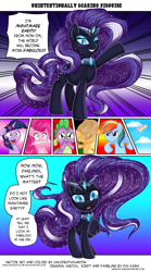 Size: 1200x2160 | Tagged: safe, artist:dimidiummorsumbra, artist:pia-sama, applejack, fluttershy, nightmare rarity, pinkie pie, rainbow dash, rarity, spike, twilight sparkle, dragon, earth pony, pegasus, pony, unicorn, clothes, comic, cosplay, costume, female, makeup, male, mane seven, mane six, mare