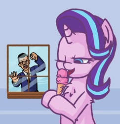 Size: 681x700 | Tagged: safe, artist:plunger, starlight glimmer, human, pony, unicorn, 4chan, angry, cute, drawthread, eating, female, food, hoof hold, ice cream, ice cream cone, licking, one eye closed, stephen colbert, tongue, tongue out, two scoops, window, window safe