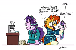 Size: 2393x1578 | Tagged: safe, artist:bobthedalek, princess flurry heart, starlight glimmer, sunburst, alicorn, pony, unicorn, auntie starlight, bathrobe, bed mane, buck, clothes, coffee, coffee machine, dialogue, female, filly, first words, foal, implied swearing, male, mare, messy mane, pajamas, robe, shrunken pupils, simple background, spill, stallion, swearing, text, this will end in tears, trio, unamused, uncle sunburst, vulgar, white background, wide eyes