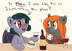 Size: 1923x1349 | Tagged: safe, artist:candel, oc, oc only, oc:flare, oc:milkshake honeymoon, bat pony, pony, /mlp/, blushing, cake, drunk, wine