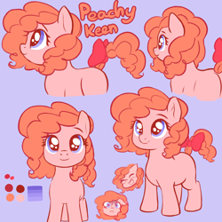 Size: 2200x2200 | Tagged: safe, artist:crade, oc, oc only, oc:peachy keen, earth pony, pony, blue background, bow, earth pony oc, female, filly, foal, reference sheet, simple background, solo, tail bow