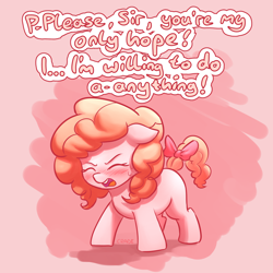 Size: 2200x2200 | Tagged: safe, artist:crade, oc, oc only, oc:peachy keen, earth pony, pony, blank flank, blushing, bow, colored, dialogue, female, filly, mare, open mouth, solo, sweat, tail bow