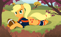 Size: 725x440 | Tagged: safe, artist:brianblackberry, applejack, earth pony, pony, american football, autumn, bedroom eyes, bottomless, clothes, denver broncos, jersey, leg warmers, looking at you, nfl, peyton manning, ponytail, prone, shirt, smiling, solo