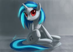 Size: 1208x863 | Tagged: safe, artist:raikoh, dj pon-3, vinyl scratch, pony, unicorn, female, glowing mane, looking at you, mare, photoshop, red eyes, sitting, solo
