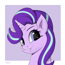 Size: 2000x2000 | Tagged: safe, artist:hardbrony, starlight glimmer, pony, unicorn, abstract background, bust, cheek fluff, cute, ear fluff, female, glimmerbetes, horn, lip bite, looking at you, mare, portrait, smile, smiling, solo, solo safe