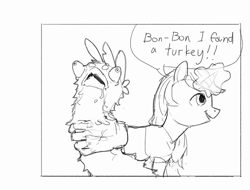 Size: 4209x3205 | Tagged: safe, artist:rhorse, gallus, lyra heartstrings, griffon, pony, unicorn, /mlp/ con, gallabuse, gallus the rooster, hand, implied bon bon, l.u.l.s., long neck, magic, magic hands, monochrome