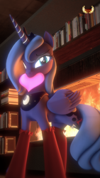 Size: 1837x3265 | Tagged: safe, artist:loveslove, princess luna, alicorn, pony, 3d, bedroom eyes, book, clothes, crown, female, fireplace, heart, jewelry, looking at you, mare, mouth hold, red socks, regalia, s1 luna, socks, solo, source filmmaker
