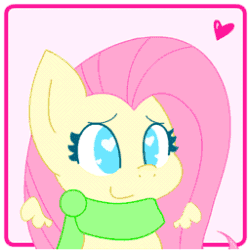 Size: 256x256 | Tagged: safe, artist:hungrysohma, part of a set, fluttershy, pegasus, pony, animated, bouncing, chibi, clothes, cute, female, flapping, floating wings, heart, heart eyes, mare, scarf, shyabetes, smiling, solo