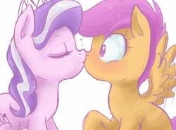 Size: 2040x1500 | Tagged: safe, artist:kinkypinkie, diamond tiara, scootaloo, earth pony, pegasus, pony, duo, female, filly, kissing, lesbian