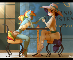 Size: 3105x2550 | Tagged: safe, artist:captainpudgemuffin, rainbow dash, rarity, anthro, plantigrade anthro, unicorn, :o, anklet, backless, blushing, boop, breasts, cafe, cake, captainpudgemuffin is trying to murder us, chair, clothes, commission, crossed legs, cup, cute, dashabetes, delicious flat chest, dress, eye contact, female, flats, flirting, food, foodplay, frosting, grin, hair bun, hat, lesbian, lidded eyes, looking at each other, mare, midriff, off shoulder, open mouth, ponytail, rainbow flat, raribetes, raridash, sandals, shipping, short dress, shorts, sitting, smiling, smirk, sun hat, sundress, surprised, sweet dreams fuel, table, teacup, wide eyes, wingless anthro