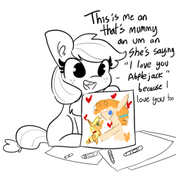 Size: 2250x2250 | Tagged: safe, artist:tjpones, applejack, pear butter, earth pony, pony, comic:fillies, abple, bittersweet, blank flank, crayon, crayon drawing, cute, dialogue, drawing, feels, female, filly, freckles, heart, hnnng, jackabetes, mare, picture, simple background, solo, tjpones is trying to murder us, tooth gap, traditional art, weapons-grade cute, white background, wholesome, younger