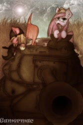 Size: 600x900 | Tagged: dead source, safe, artist:gamermac, big macintosh, pinkie pie, earth pony, pony, flag, grunge, helmet, is-2, looking at you, male, pinkamena diane pie, ppsh-41, red army, signature, soviet union, stallion, tank (vehicle), uniform, world war ii