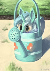 Size: 2897x4096 | Tagged: safe, artist:toisanemoif, lyra heartstrings, pony, sea pony, unicorn, adorawat, cartoon physics, cute, female, flower, grass, hide and seek, hiding, if i fits i sits, l.u.l.s., lyra doing lyra things, lyrabetes, mare, peekaboo, peeking, sand, seaponified, seapony lyra, silly, solo, soon, species swap, sunlight, wat, water, watering can, weapons-grade cute, wide eyes