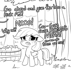 Size: 2250x2250 | Tagged: safe, artist:tjpones, applejack, earth pony, pony, comic:fillies, apple, applebucking, blank flank, crying, cute, dialogue, feels, female, filly, filly applejack, floppy ears, food, freckles, grayscale, hatless, high res, hnnng, innocent, jackabetes, missing accessory, monochrome, offscreen character, onomatopoeia, open mouth, sad, sadorable, silly, silly pony, simple background, tjpones is trying to murder us, tree, white background, who's a silly pony, younger