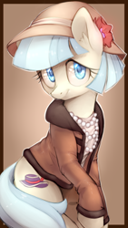 Size: 1000x1774 | Tagged: safe, artist:lightning-stars, coco pommel, earth pony, pony, clothes, cocobetes, cute, ear fluff, female, flower, hat, jacket, jewelry, looking at you, mare, necklace, pearl, raised hoof, simple background, sitting, smiling, solo