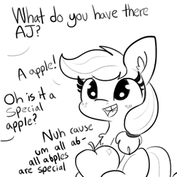 Size: 2250x2250 | Tagged: safe, artist:tjpones, applejack, earth pony, pony, comic:fillies, abple, apple, appul, chest fluff, cute, dialogue, female, filly, filly applejack, food, jackabetes, lineart, lisp, monochrome, offscreen character, open mouth, simple background, solo, that pony sure does love apples, tjpones is trying to murder us, tooth gap, weapons-grade cute, white background, younger