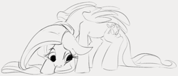 Size: 891x382 | Tagged: safe, artist:dotkwa, fluttershy, pegasus, pony, female, floppy ears, head down, looking away, looking down, mare, monochrome, simple background, sketch, solo, standing, three quarter view, wings