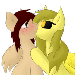 Size: 1444x1444 | Tagged: safe, artist:candel, oc, oc only, oc:candlelight, oc:golden corral, mothpony, original species, pony, blushing, extreme french kiss, kissing, shivering