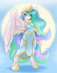 Size: 1275x1650 | Tagged: safe, artist:ambris, princess celestia, alicorn, anthro, unguligrade anthro, beckoning, breasts, clothes, colored pupils, cute, cutelestia, dress, female, full body, looking at you, praise the sun, smiling, solo, sun