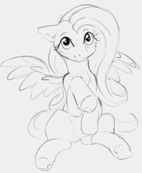 Size: 745x902 | Tagged: safe, artist:dotkwa, fluttershy, pegasus, pony, chest fluff, cute, female, human shoulders, mare, monochrome, simple background, sitting, smiling, solo, wings