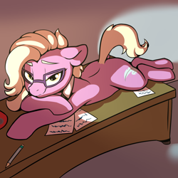 Size: 2000x2000 | Tagged: safe, artist:dimfann, artist:wenni, grace manewitz, earth pony, pony, collaboration, bedroom eyes, desk, dock, female, floppy ears, glasses, looking at you, lying down, mare, necktie, paper, pencil, prone, smiling, solo