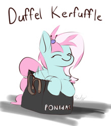Size: 878x998 | Tagged: safe, artist:renderpoint, kerfuffle, pegasus, pony, rainbow roadtrip, bag, behaving like a cat, chest fluff, cute, daaaaaaaaaaaw, duffle bag, eyes closed, fallout, fallout 76, female, fufflebetes, hnnng, if i fits i sits, leaning, mare, pony in a bag, pun, rhyme, signature, simple background, smiling, solo, weapons-grade cute, white background