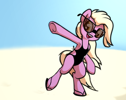 Size: 1192x943 | Tagged: safe, artist:wenni, grace manewitz, pony, semi-anthro, armpits, beach, bipedal, clothes, cute, female, flip-flops, frog (hoof), happy, looking back, mare, one-piece swimsuit, open mouth, open-back swimsuit, sand, sandals, smiling, solo, sunglasses, swimsuit, underhoof