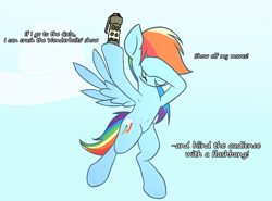 Size: 4096x3036 | Tagged: safe, artist:wenni, rainbow dash, pegasus, pony, series:pony re-watch, the ticket master, armpits, belly button, dialogue, female, flashbang, flying, grenade, mare, parody, scene parody, sky, solo, this will end in tears