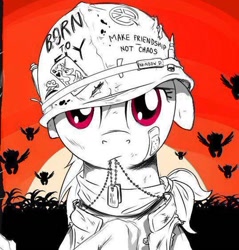 Size: 500x523 | Tagged: safe, artist:doomy, princess celestia, rainbow dash, alicorn, pegasus, pony, apocalypse now, armor, army, badass, bandaid, bandana, born to x, bullet, clothes, crossover, determined, dog tags, female, floppy ears, flying, full metal jacket, helmet, lineart, mare, mouth hold, partial color, peace symbol, photo, playing card, sketch, solo focus, spread wings, sunset, vietnam, vietnam war, war, wings