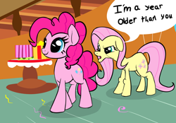 Size: 4040x2810 | Tagged: safe, artist:wenni, fluttershy, pinkie pie, earth pony, pegasus, pony, series:pony re-watch, griffon the brush off, cropped, dialogue, duo, elderly, female, floppy ears, frown, i'm a year older than you, mare, older, older fluttershy, open mouth, party, raised eyebrow, scene interpretation, smiling, speech bubble, sugarcube corner, text, wat, wingless