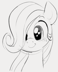 Size: 406x507 | Tagged: safe, artist:dotkwa, fluttershy, pegasus, pony, bust, cute, female, filly, filly fluttershy, hair over one eye, monochrome, portrait, shyabetes, simple background, smiling, solo, white background, younger