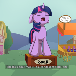 Size: 4096x4096 | Tagged: safe, artist:wenni, twilight sparkle, unicorn twilight, pony, unicorn, series:pony re-watch, feeling pinkie keen, closed captioning, condescending, eyes closed, female, floppy ears, literal soapbox, mare, open mouth, scene interpretation, soap, soapbox, solo, speech, subtitles