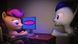 Size: 3840x2160 | Tagged: safe, artist:viranimation, rumble, scootaloo, 3d, adware, computer, source filmmaker