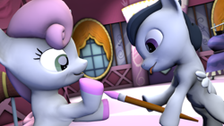Size: 3840x2160 | Tagged: safe, rumble, sweetie belle, 3d, hoof painting, nail polish, rumbelle, source filmmaker