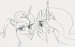 Size: 1110x703 | Tagged: safe, artist:dotkwa, princess celestia, princess luna, alicorn, pony, bust, cute, cutelestia, duo, female, looking at you, lunabetes, mare, monochrome, open mouth, portrait, royal sisters, siblings, sisters